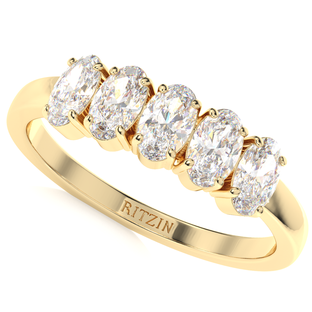 Alliance de mariage à 5 pierres en or jaune 14 carats avec moissanite blanche taille ovale de 1,30 ct pour elle