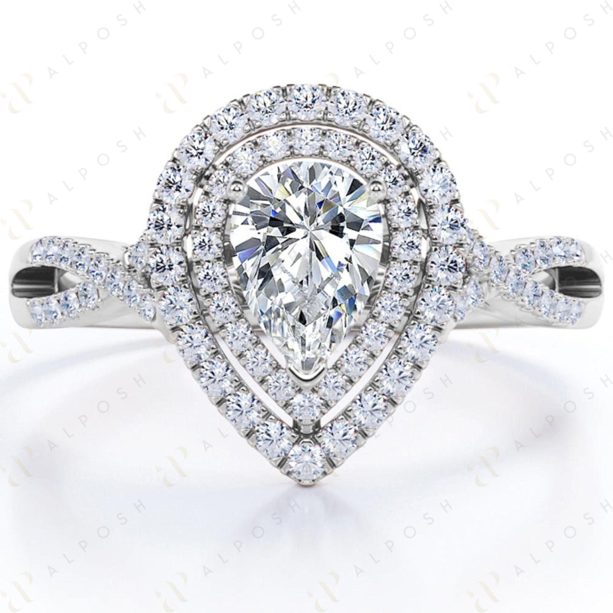 Bague en moissanite double halo taille poire 10 carats de 0,85 TCW pour femme