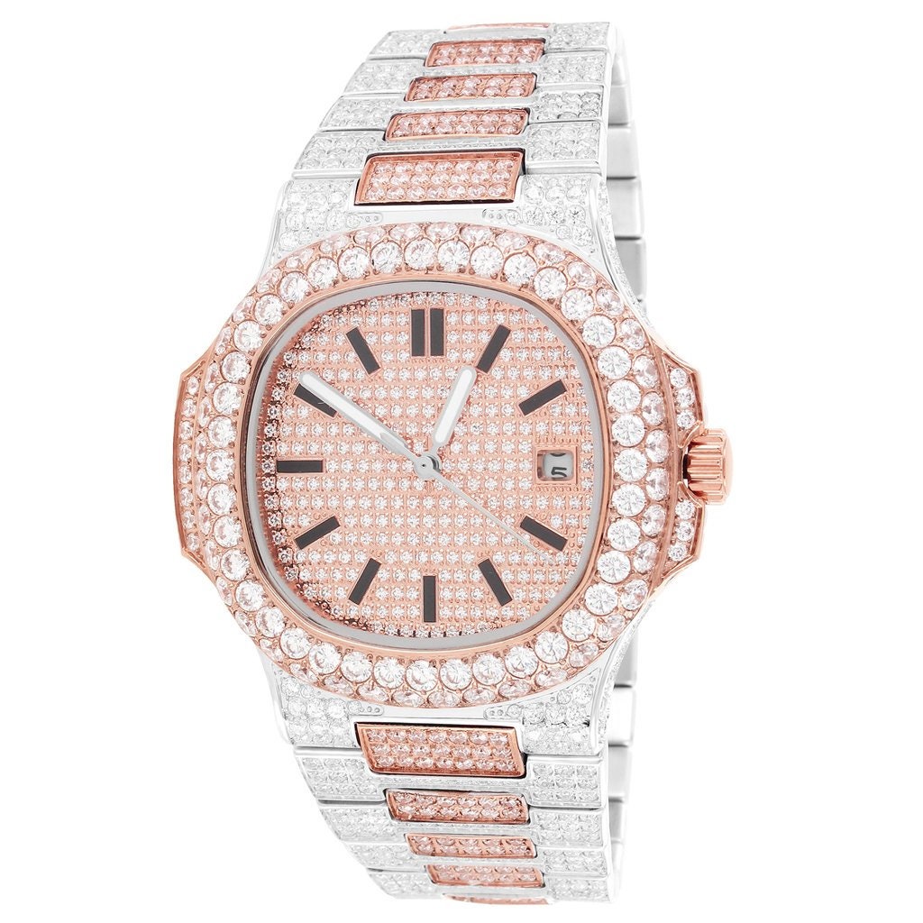 Acciaio inossidabile bicolore oro rosa ghiacciato AAA CZ diamante completamente ghiacciato movimento automatico Bust Down orologio personalizzato da uomo Hip Hop Men 