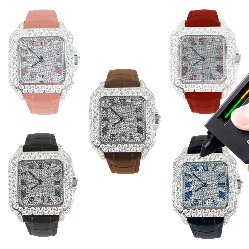 Orologio Rapper Classic Drip Buss Down con cinturino in pelle, quadrante romano automatico e diamanti Moissanite certificati VS 