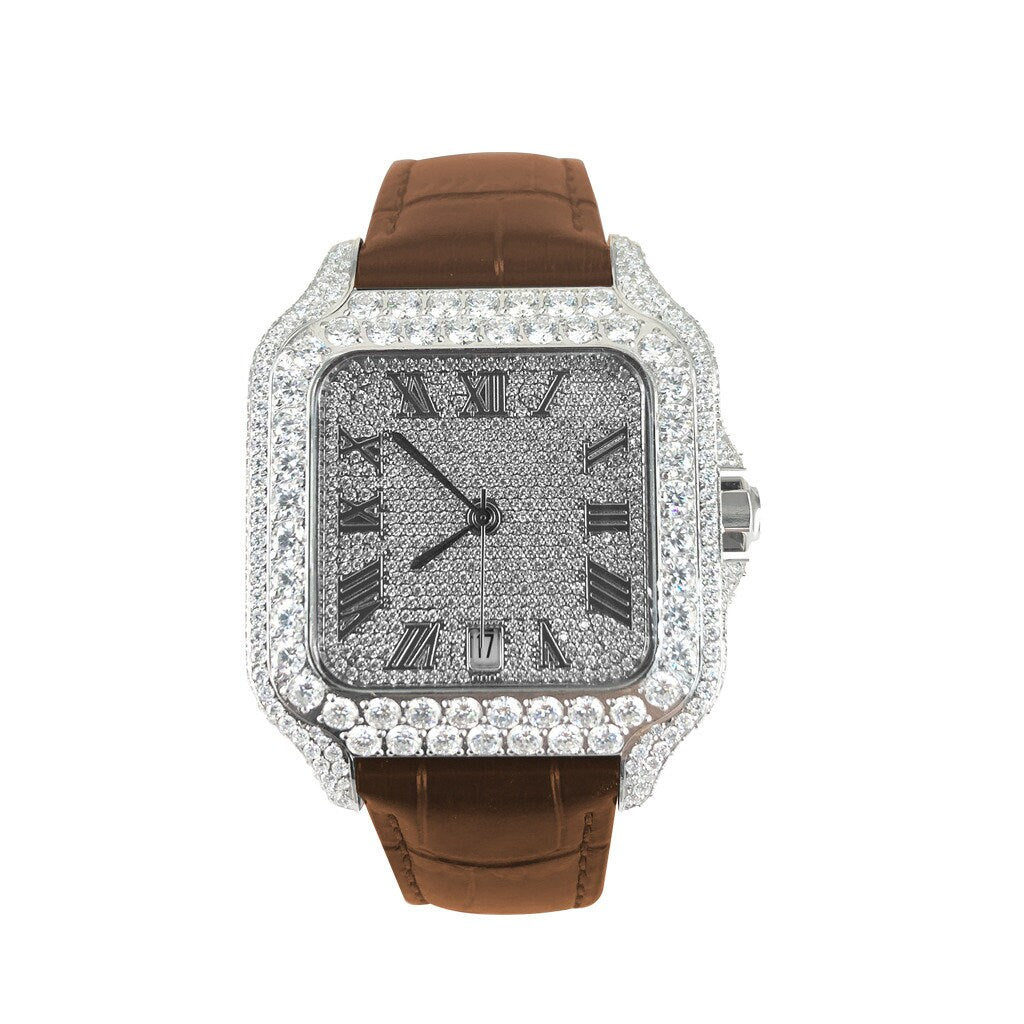 Orologio automatico con quadrante romano e cinturino in pelle marrone con diamanti Moissanite VS, completamente rovesciato, Hip Hop Bling 