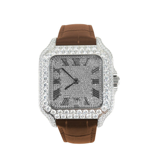 Orologio automatico con quadrante romano e cinturino in pelle marrone con diamanti Moissanite VS, completamente rovesciato, Hip Hop Bling 