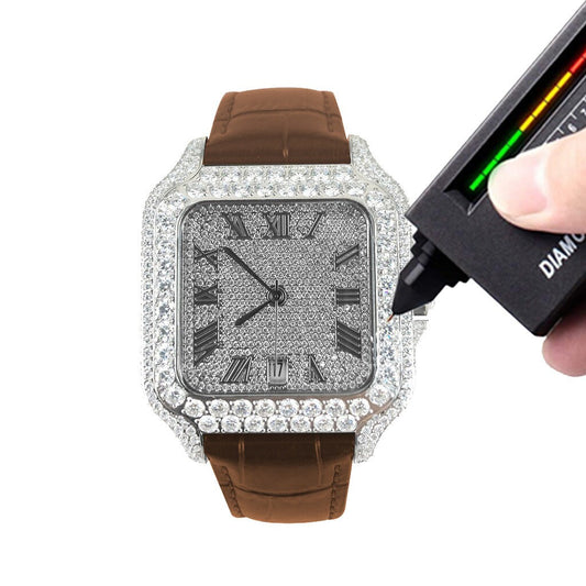 Orologio automatico con quadrante romano e cinturino in pelle marrone con diamanti Moissanite VS, completamente rovesciato, Hip Hop Bling 