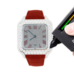 Orologio VS Hip Hop Moissanite Diamond Red Leather Band Automatic Roman Dial Rapper Buss Down 
