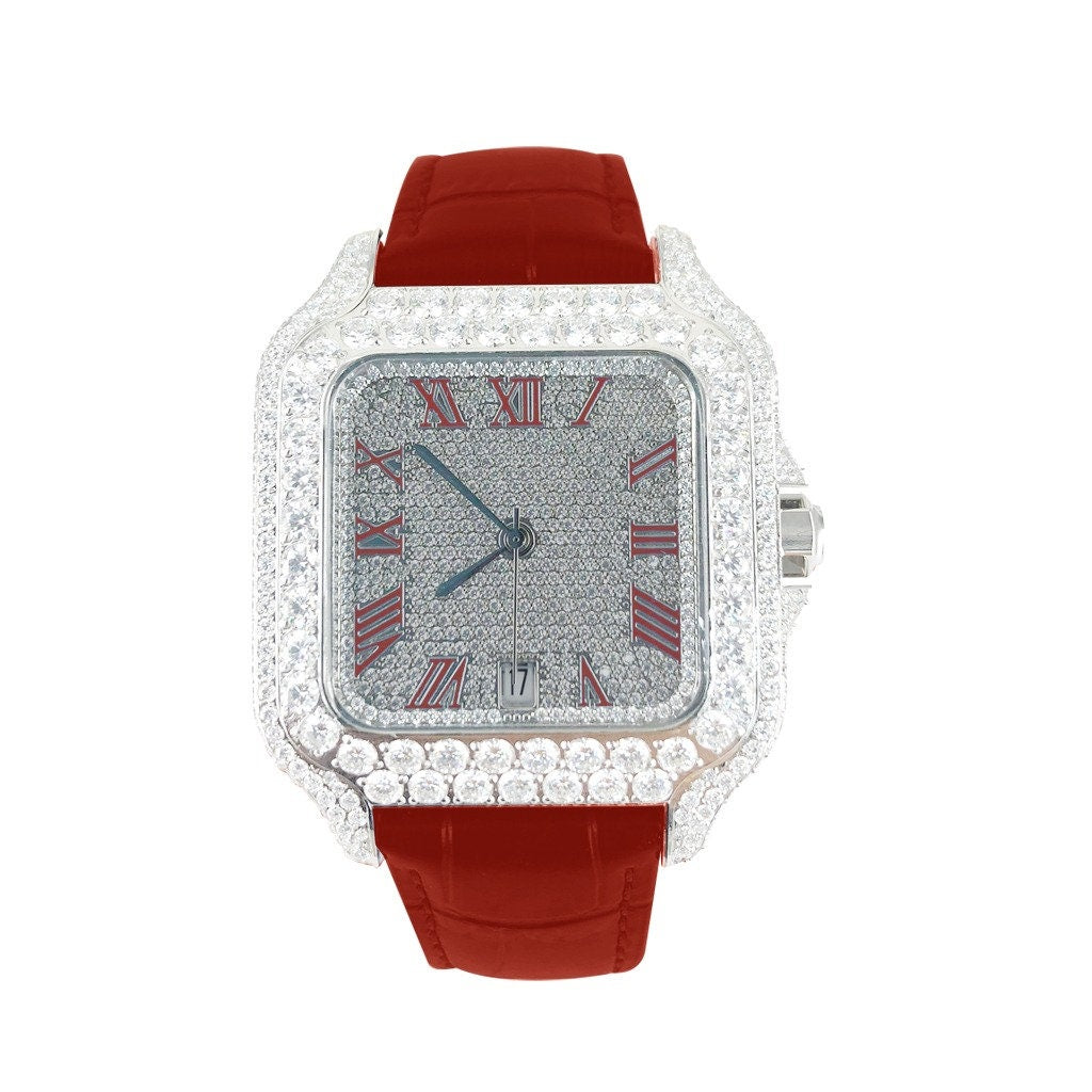 Orologio VS Hip Hop Moissanite Diamond Red Leather Band Automatic Roman Dial Rapper Buss Down 